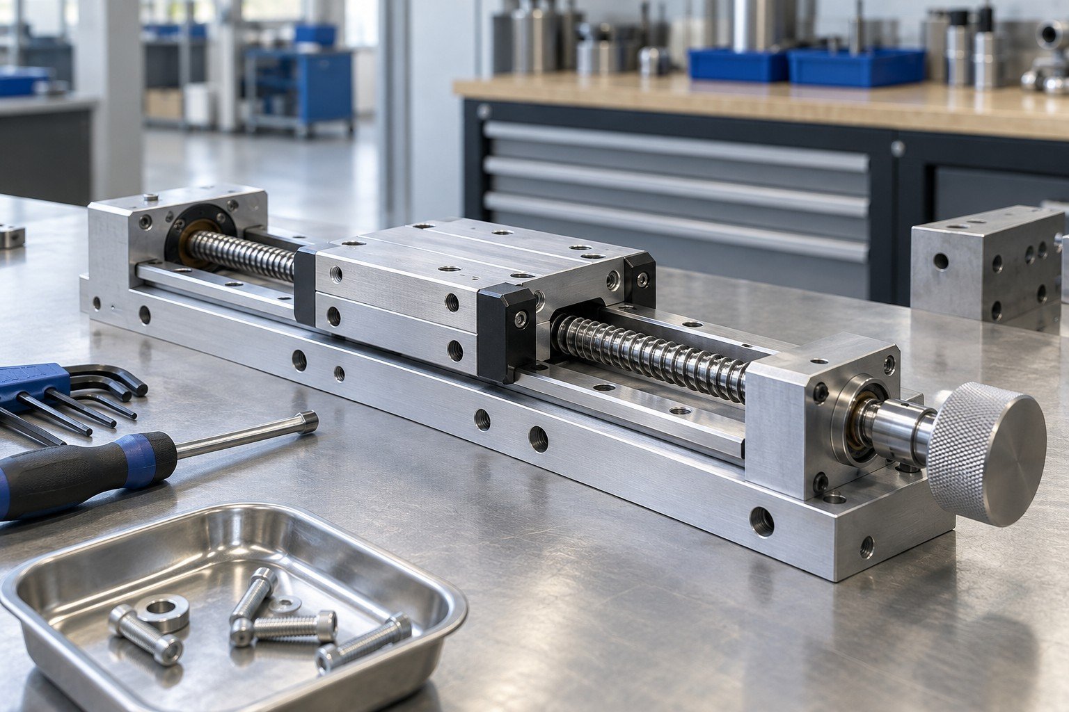 Compact linear adjustment subassembly with slide carriage, machined base and threaded adjustment shaft; side view of partially assembled components with appropriate fixture and hand tool, no operator