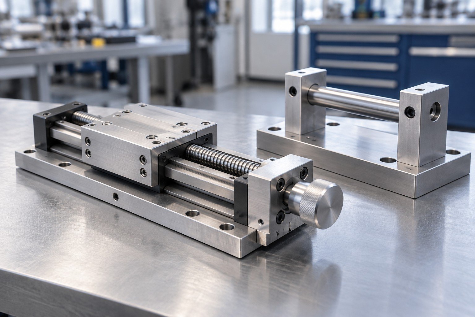 Compact linear adjustment subassembly with slide carriage, machined base and threaded adjustment shaft; finished assembly beside a simple unmarked checking fixture