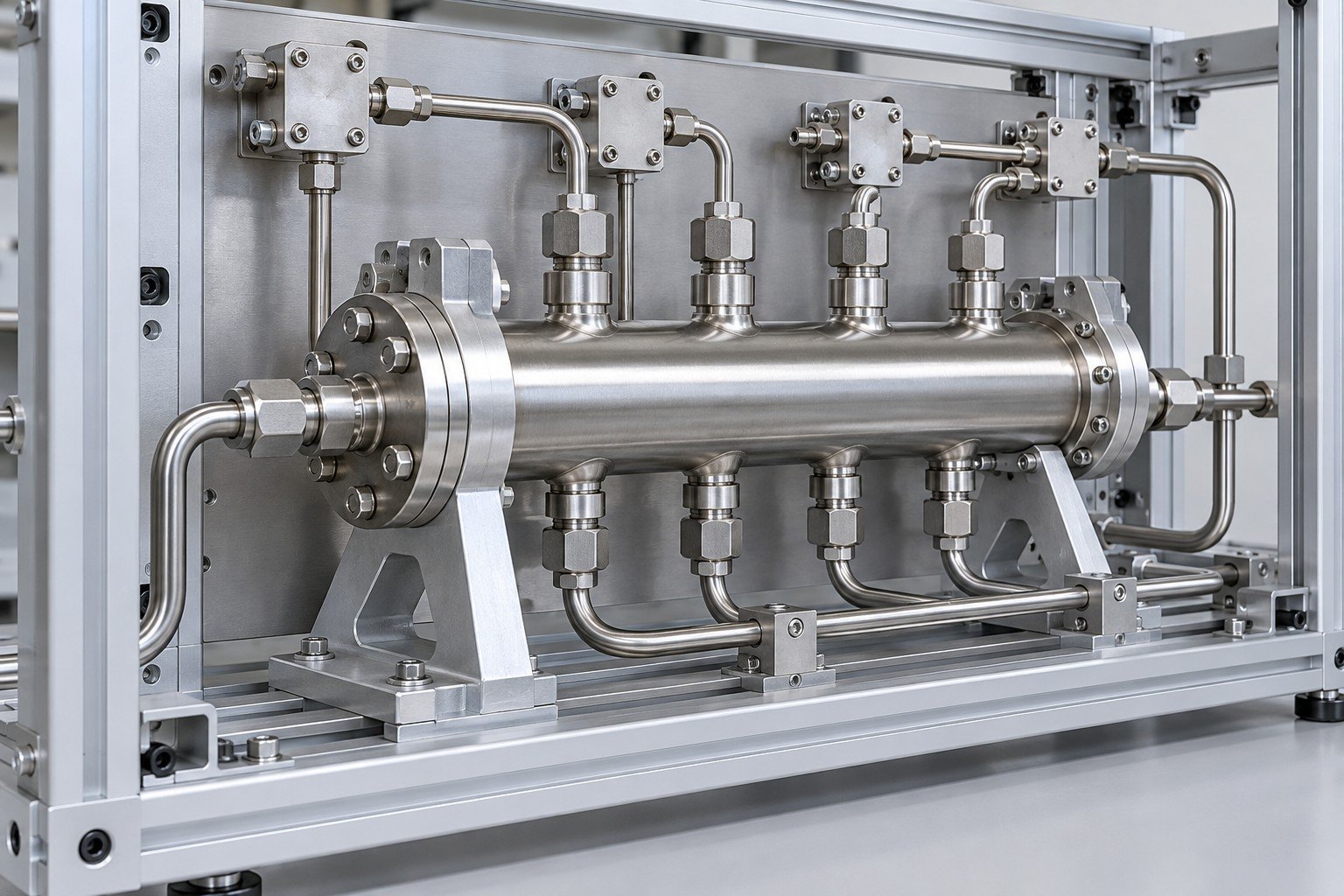 Illustrative CDU manifold and mounting component integration fixture concept, not documentary company or customer photography