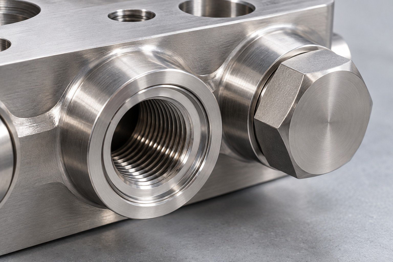 Illustrative ports and sealing faces on a CDU manifold component concept, not documentary company or customer photography