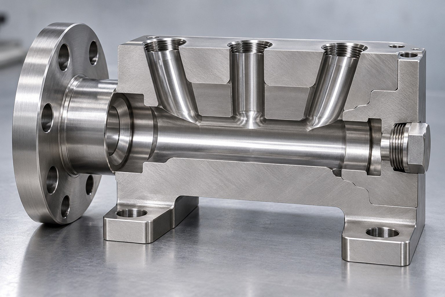 Illustrative sectioned CDU manifold passages and cross-hole closures concept, not documentary company or customer photography