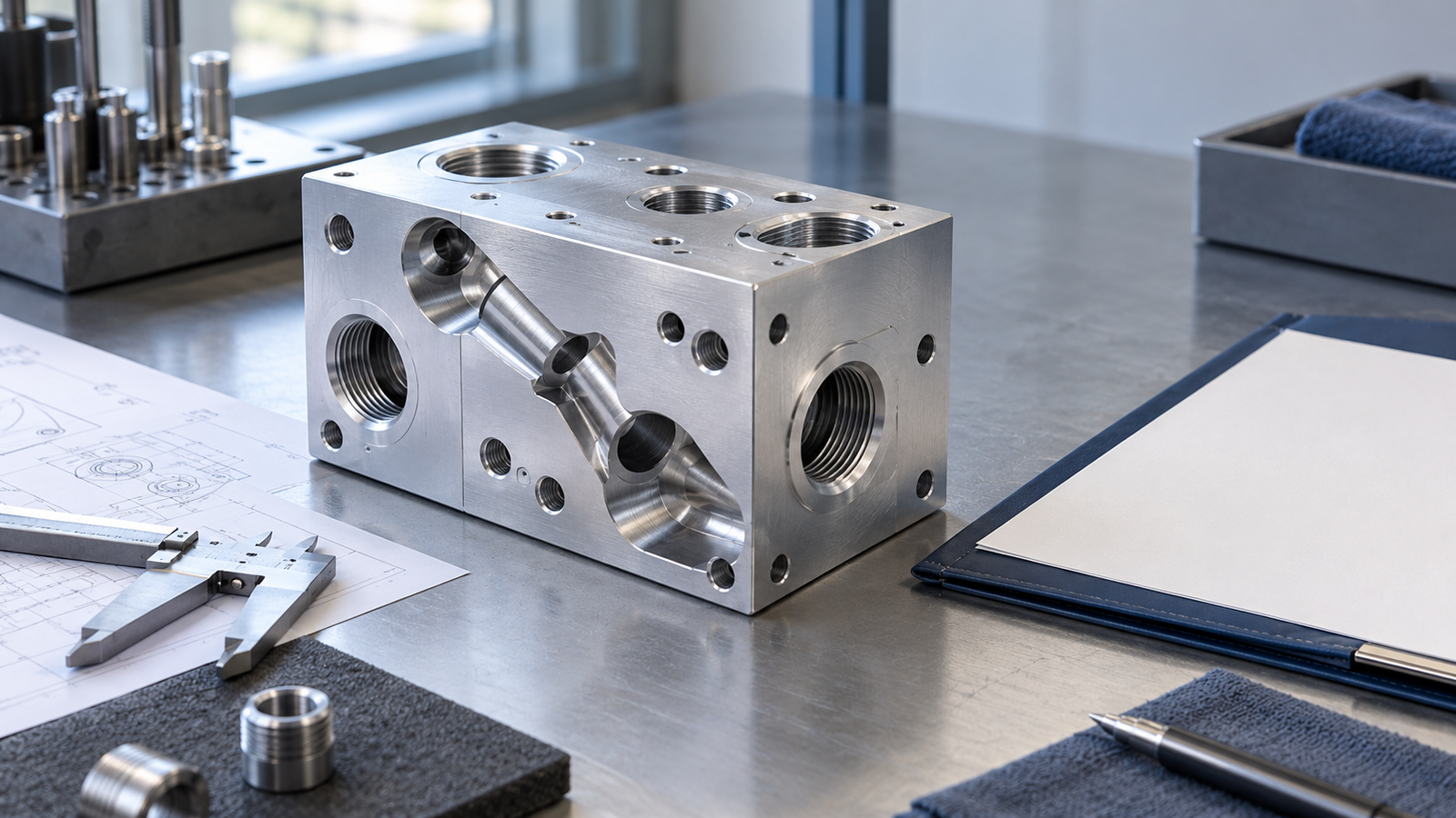 Illustrative machined valve block beside a documentation review folder