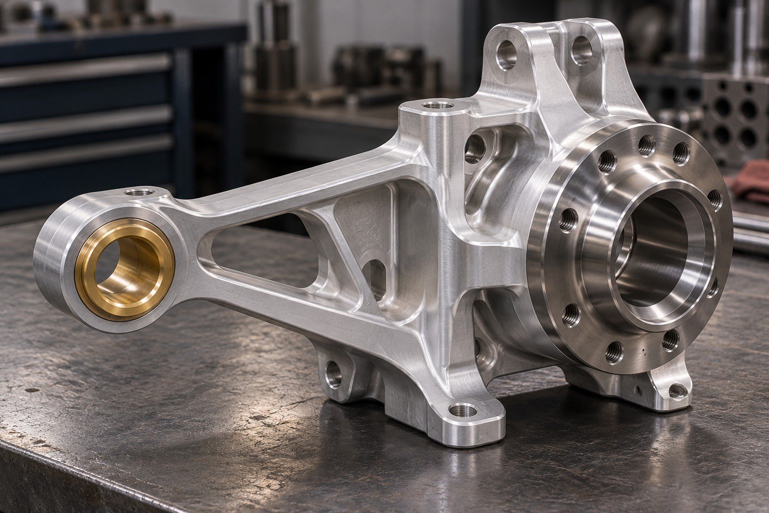 Illustrative aluminum bracket, stainless hub and brass bush assembly concept; not actual customer parts