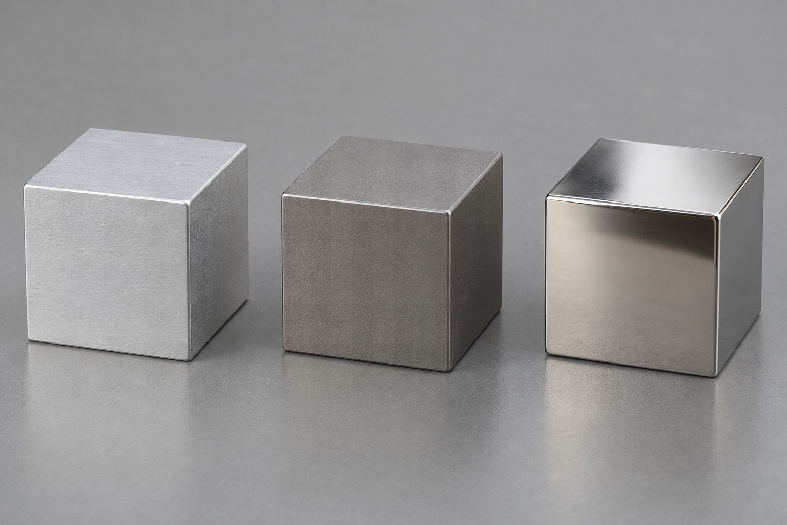 Unmarked identical-volume metal sample concepts; appearance does not identify alloy — illustrative generated concept