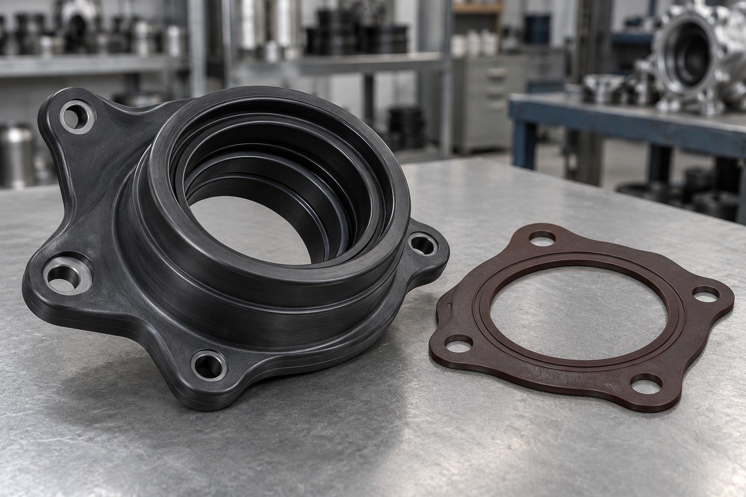 Illustrative black multi-lip sealing collar and brown pump gasket concepts; not compound identification