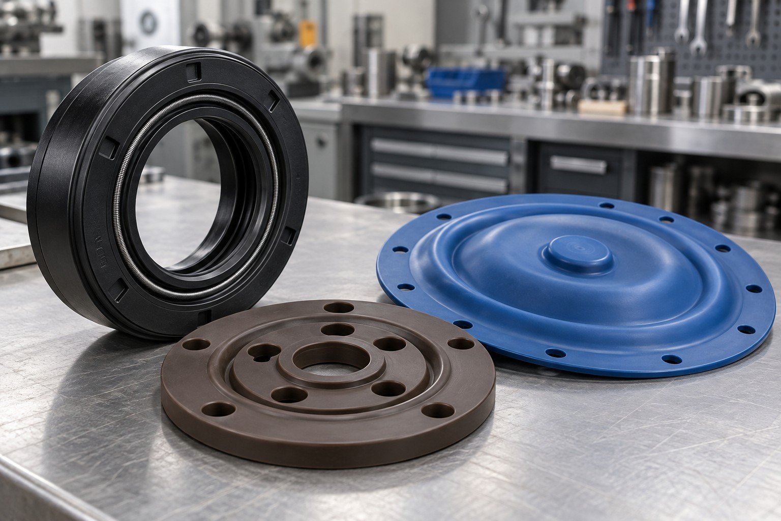 Nitrile lip seal, brown pump gasket and blue diaphragm concepts — illustrative generated concept