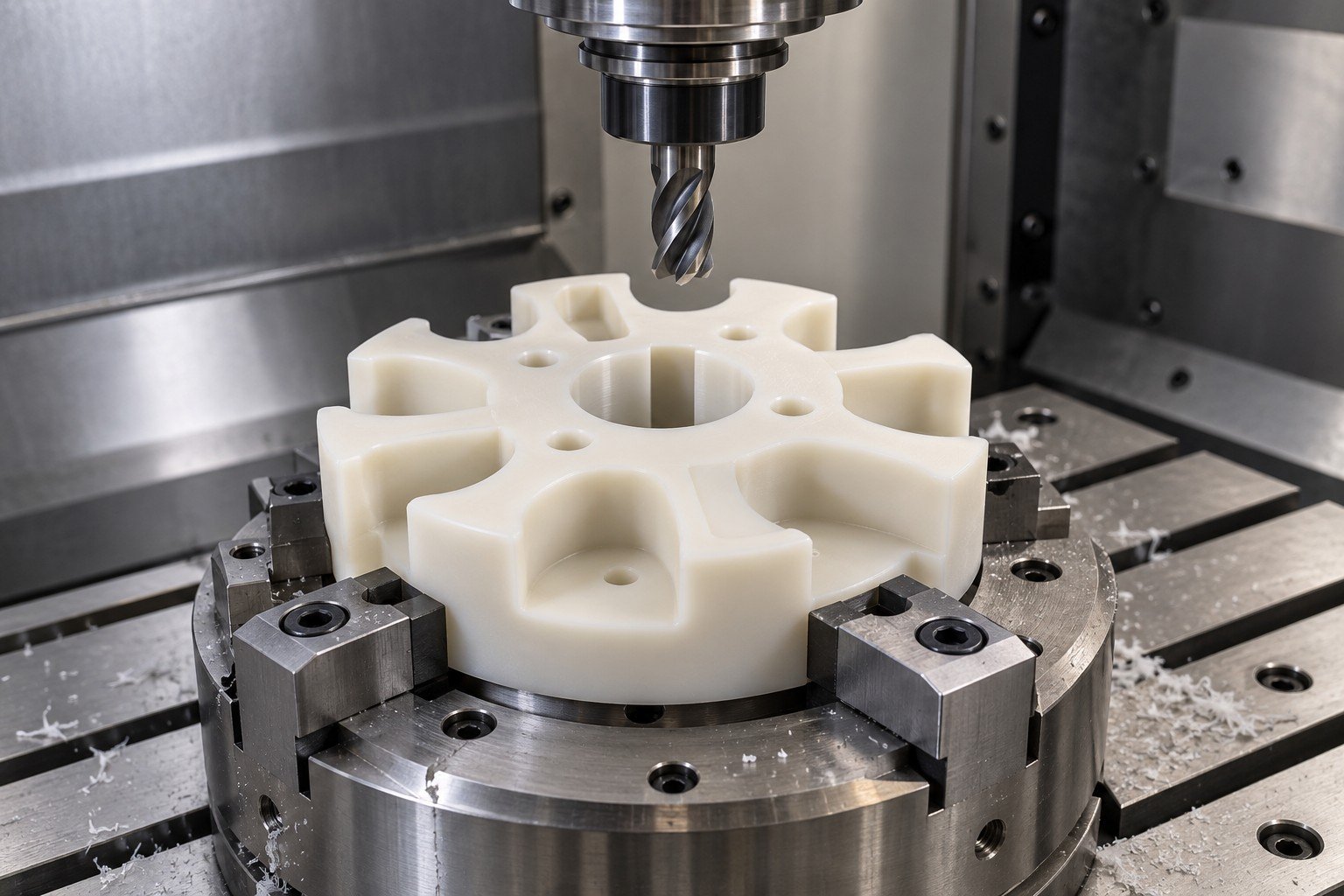 Ivory nylon sprocket carrier in CNC fixture — illustrative generated concept