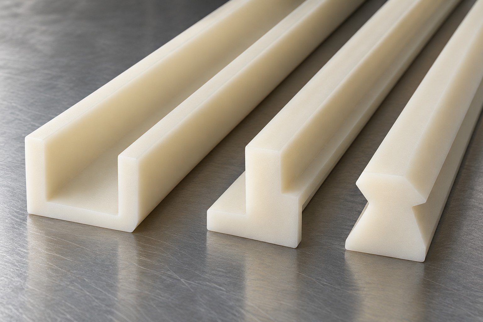 Ivory constant-section nylon guide profiles — illustrative generated concept