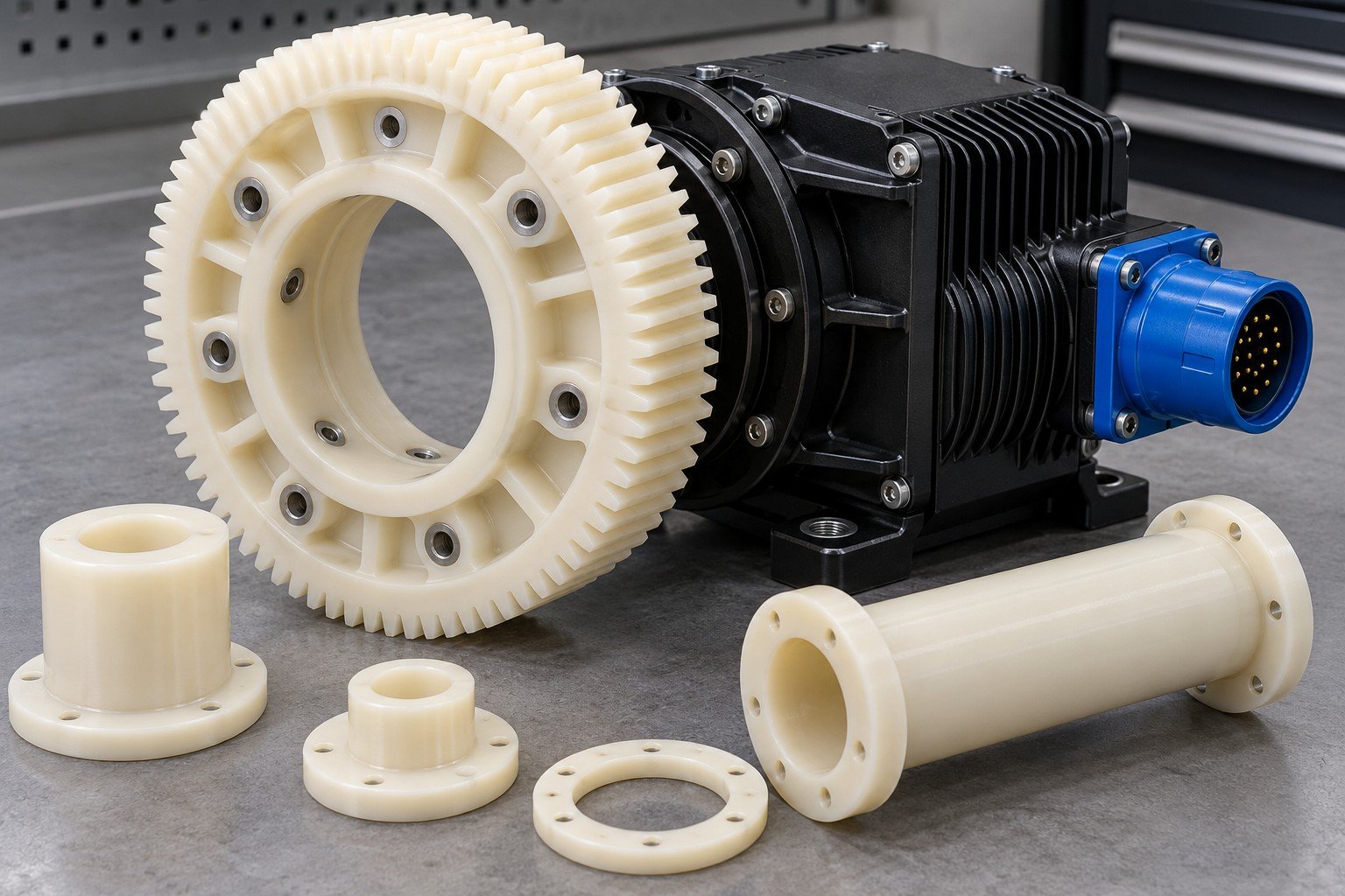 Ivory nylon gear and bushes, black housing and blue connector — illustrative generated concept