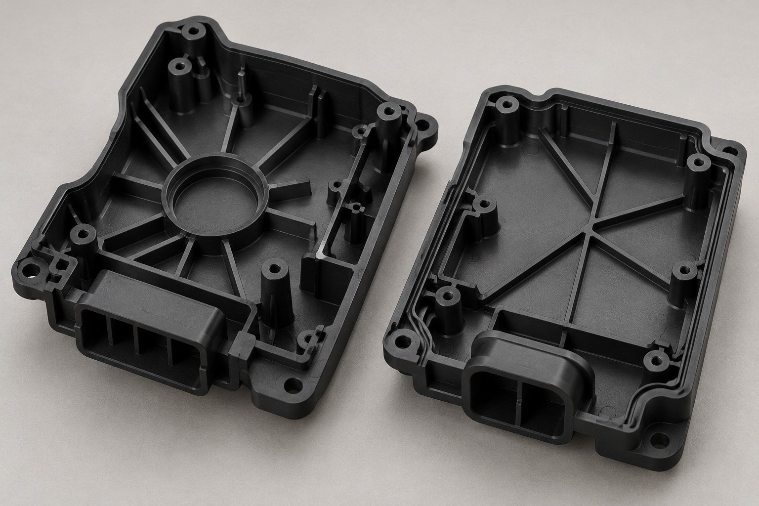 Black nylon enclosure halves — illustrative generated concept