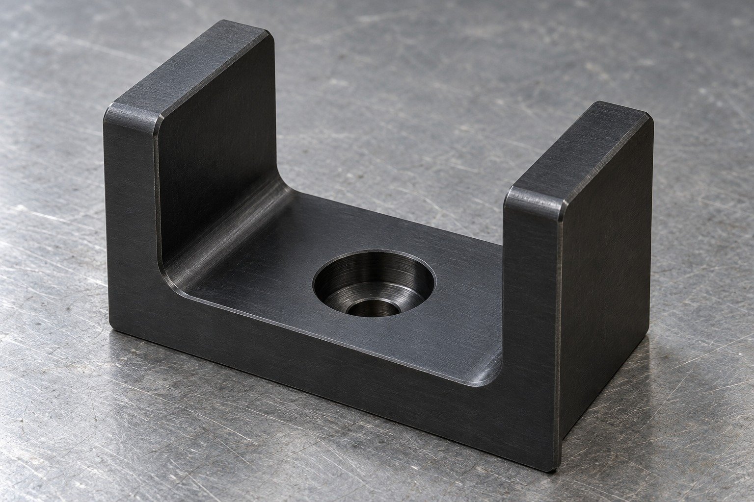A small O1 U-shaped fixture coupon with rounded internal corners and one counterbore, restrained matte black oxide appearance, precise machined edges, no text — illustrative component concept