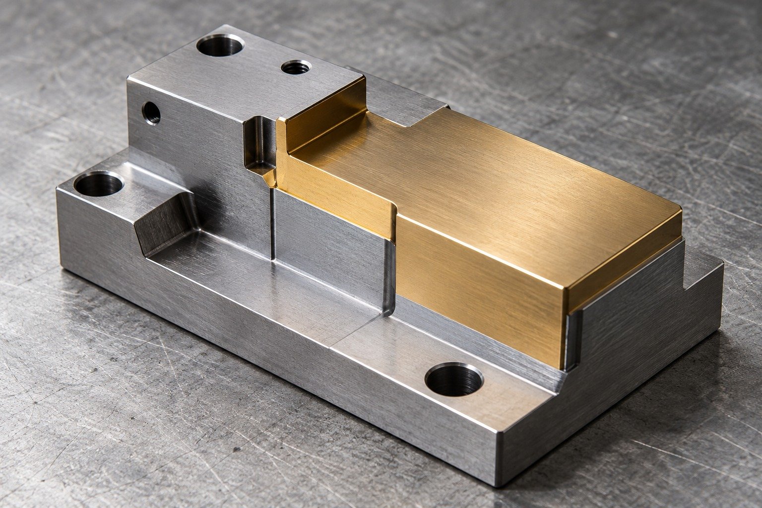 A small O1 stepped tooling sample with a restrained bronze-gold appearance on one broad outside pad and uncoated grey datum faces, plausible masked boundaries, appearance concept only — illustrative component concept