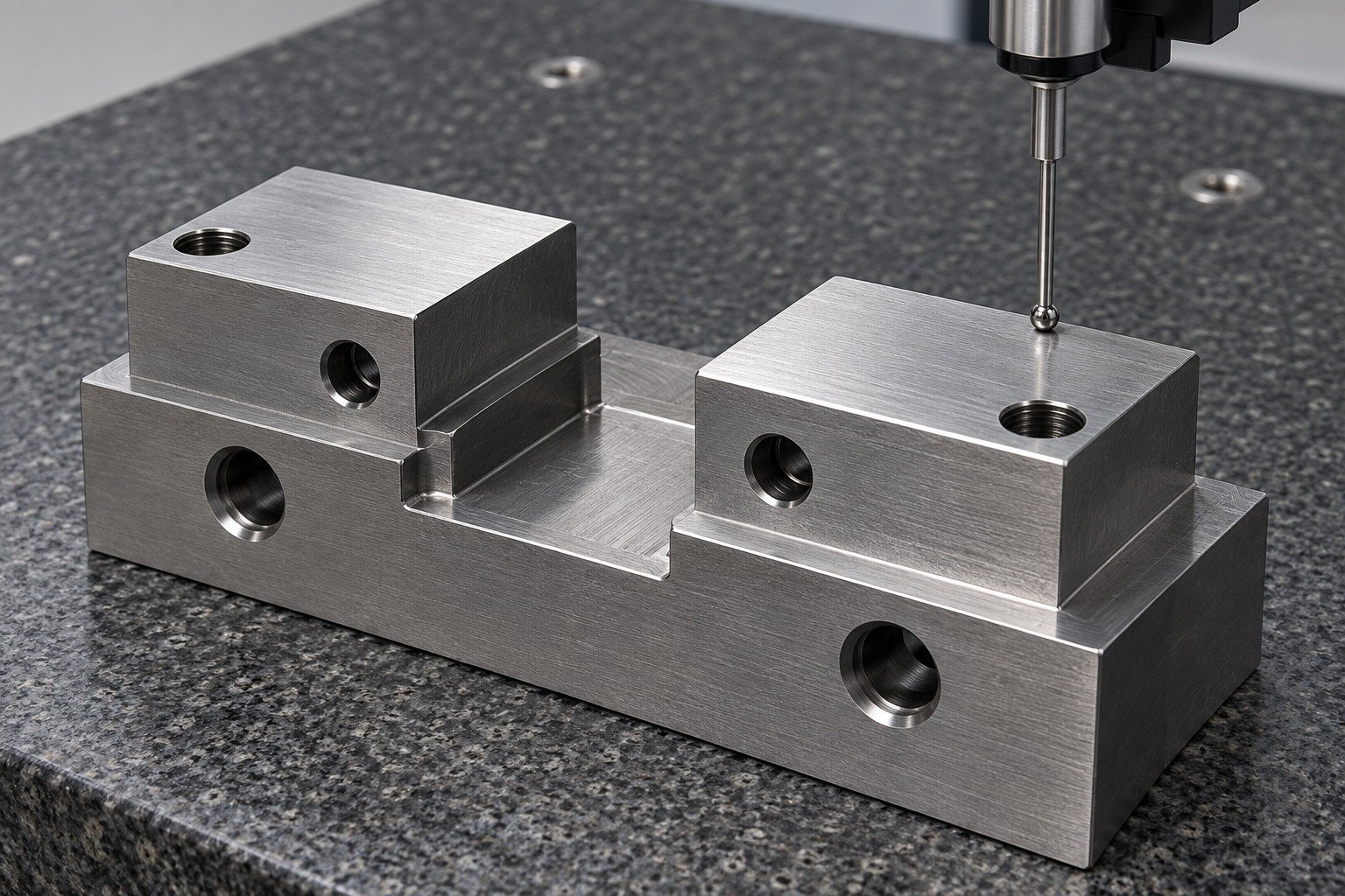 A first-machined O1 fixture jaw with two separated locating lands, height-gauge stylus on the upper datum face on granite, clear supported functional geometry — illustrative component concept