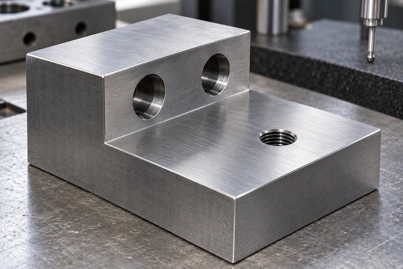 An O1 stepped fixture block with two accessible dowel bores, one threaded mounting hole and broad ground datum faces, macro photograph showing tool and inspection access — illustrative component concept