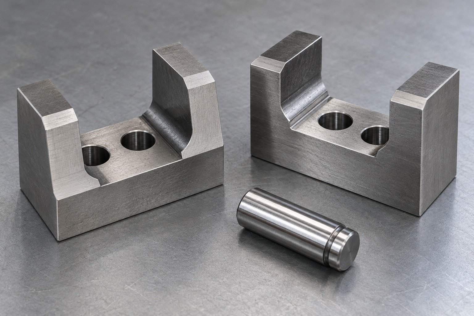 Two distinct O1 U-shaped locating jaws, dowel bores and relieved supporting faces, with one short ground cylindrical locating pin, neutral catalog composition — illustrative component concept