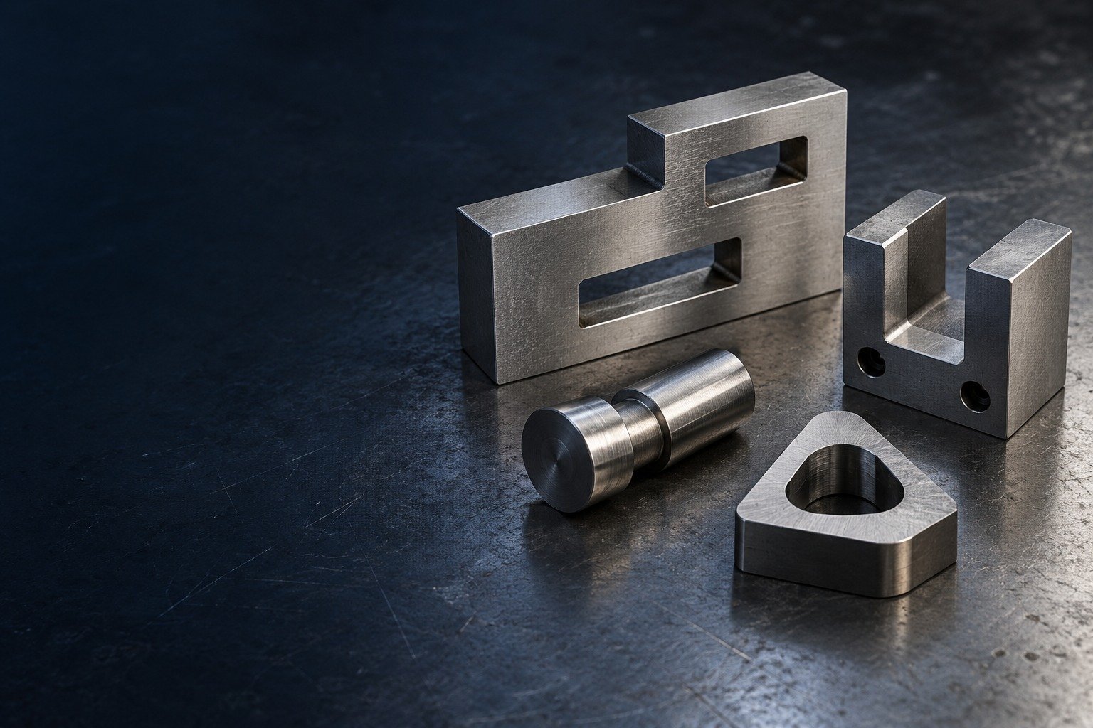 Wide industrial catalog arrangement of O1 tooling concepts: a precision stepped rectangular gauge block with two offset inspection windows, a U-shaped locating fixture jaw, a short cylindrical locating pin and a small triangular cold-work die insert with broad rounded aperture — illustrative component concept