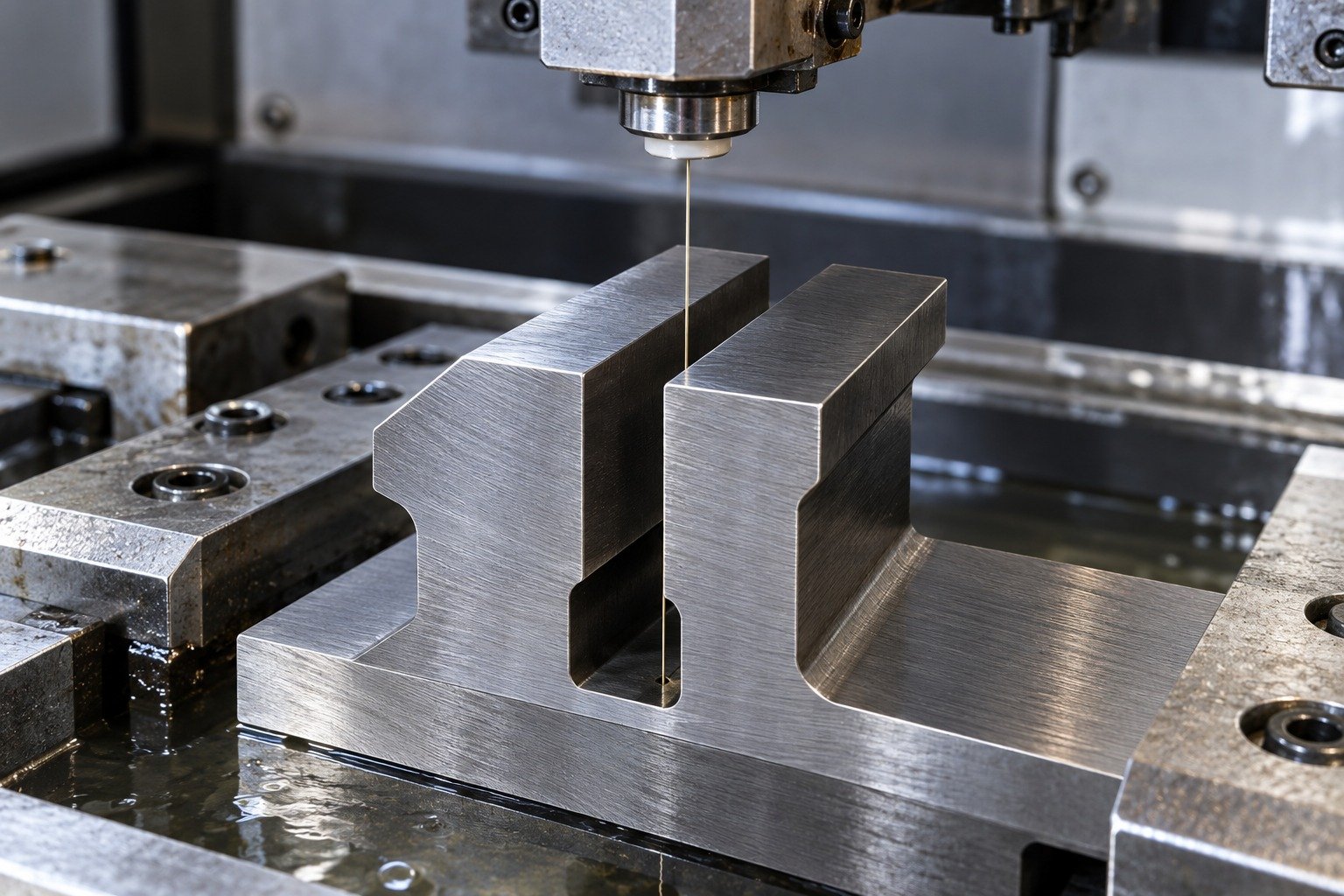 An O1 gauge-profile insert with a smooth angular open slot in a wire EDM machine, one hair-thin vertical wire and credible upper guide above the slot, no milling spindle or visible sparks — illustrative component concept