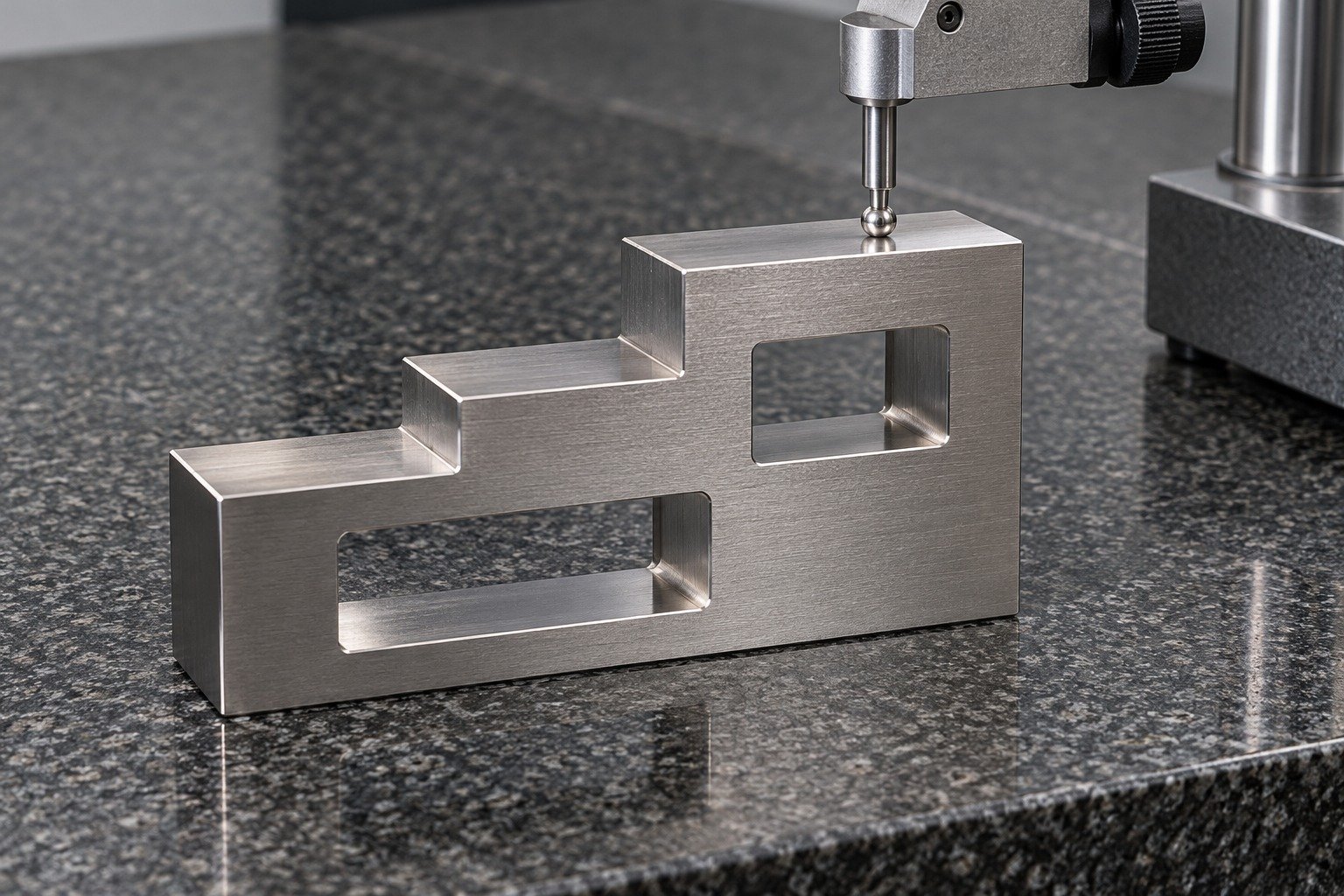 A stepped O1 gauge-block concept on granite with a height-gauge stylus physically touching an accessible upper reference land, two offset open inspection windows visible, no numeric display — illustrative component concept