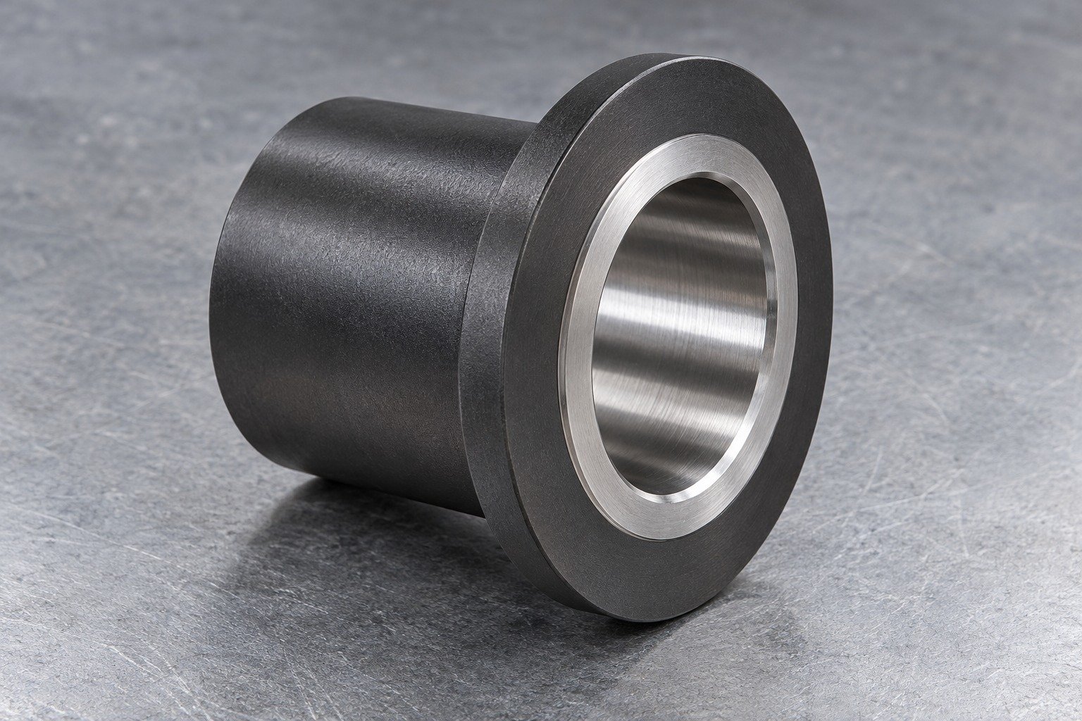 An O1 flanged guide bushing with matte dark outside protective finish and clearly uncoated bright ground bore and locating land, plausible mask boundaries and no fake coating-performance claim — illustrative component concept