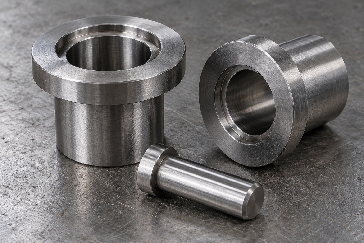 A pair of O1 steel guide bushings with thick flanges, relieved counterbores and a short blunt locating shoulder pin, industrial catalog scene, all geometries clearly distinct — illustrative component concept