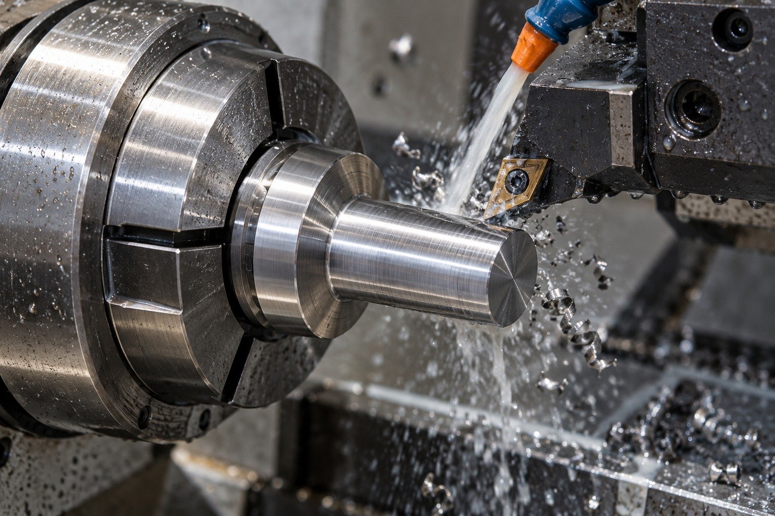 A blunt O1 locating pin with broad short shoulder held in a collet lathe, carbide tool finishing the shank with localized cutting-fluid stream, realistic short metallic chips — illustrative component concept