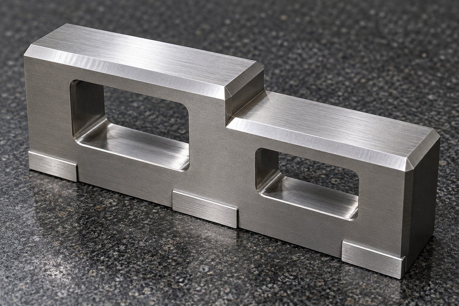 A precision O1 stepped gauge-block concept with two unequal rectangular inspection windows, chamfered edges and three ground reference lands, on granite, credible substantial section — illustrative component concept