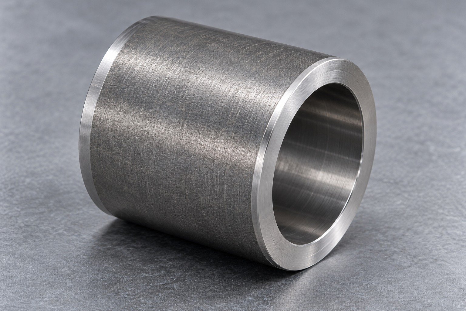 A short thick-walled O1 bushing surface-treatment-review concept, natural restrained satin grey surface with brighter end faces and credible ground texture — illustrative component concept