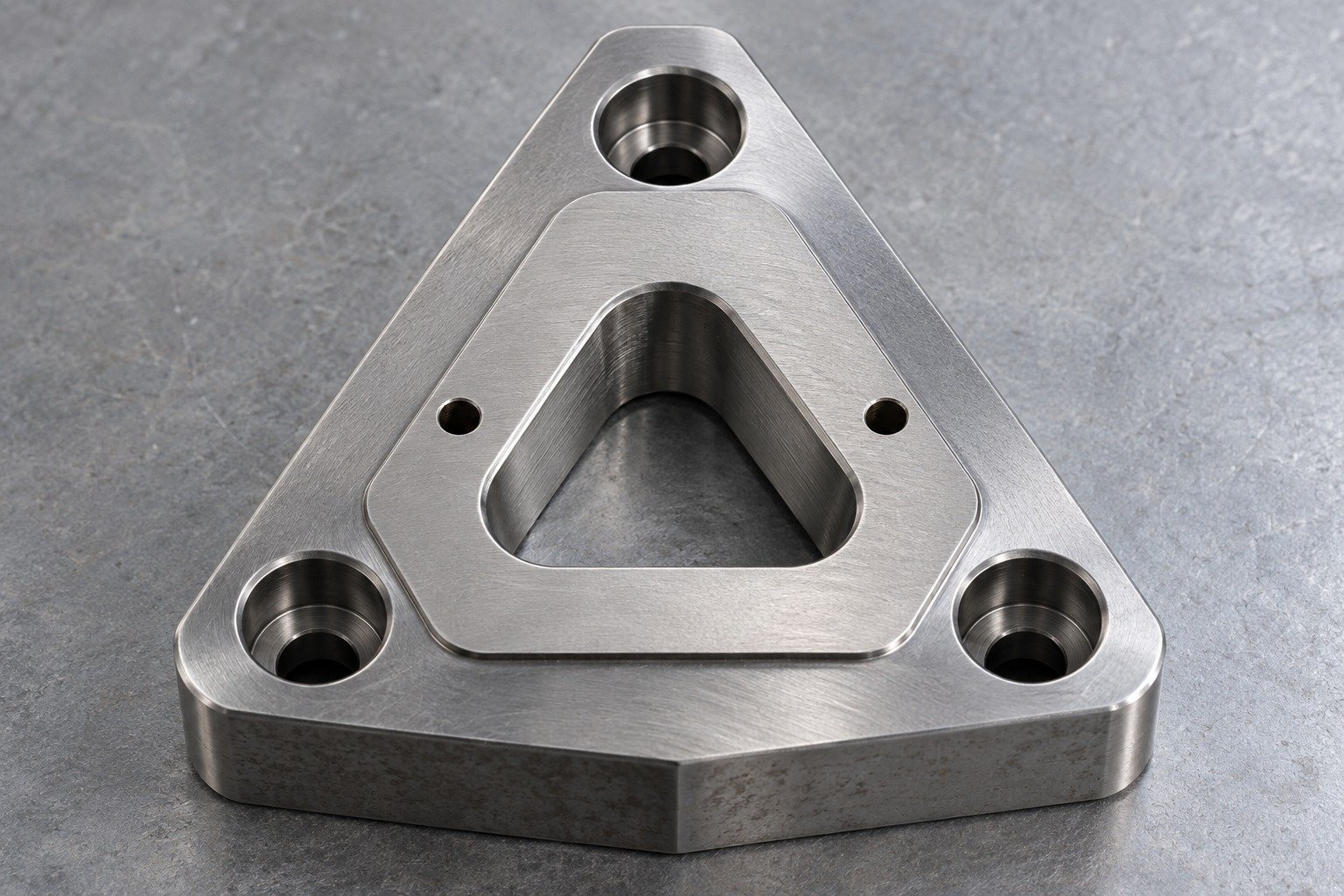 A triangular O1 cold-work die insert with rounded triangular working aperture, three mounting bores, two smaller locating holes and broad supported working land, catalog photograph — illustrative component concept