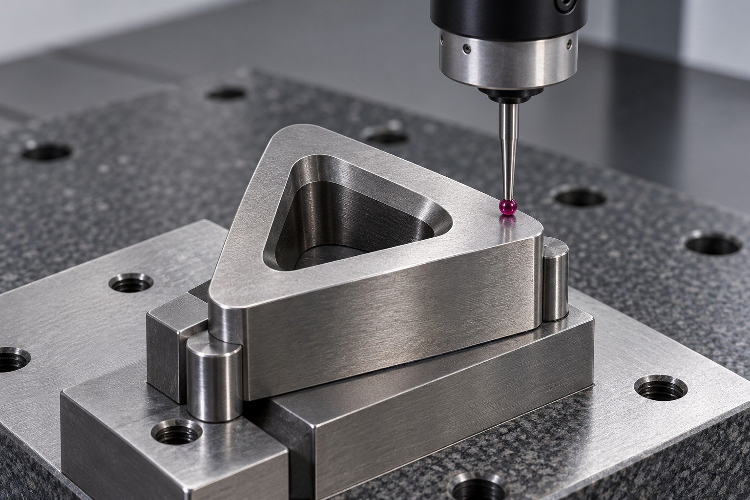 An O1 triangular die insert on a CMM fixture, ruby contact probe touches a wide locating face next to the supported rounded triangular working aperture, plausible compact probing head — illustrative component concept