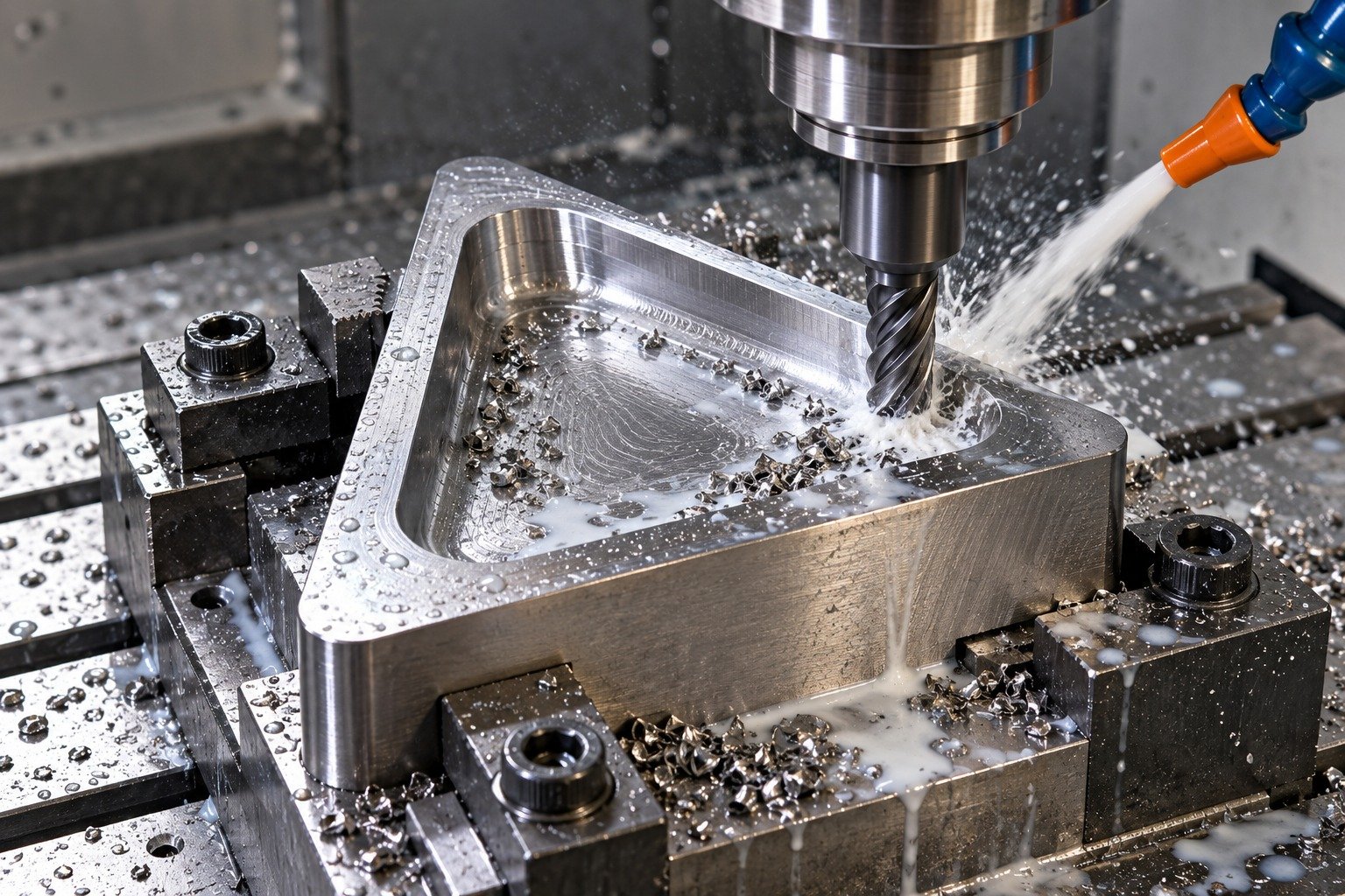 A triangular O1 die blank held by a plausible machinist fixture, carbide tool milling a broad rounded triangular relief with localized milky coolant and wet chips, ample tool access — illustrative component concept