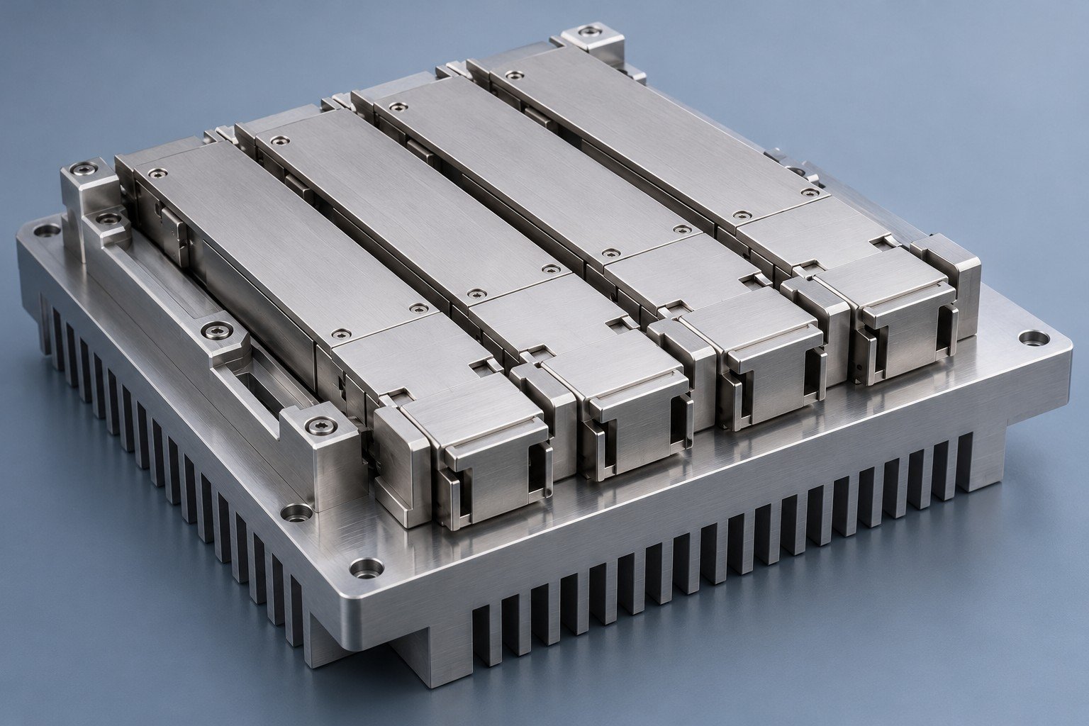 Illustrative unpowered mechanical optical module carrier with inert dummy blocks concept; not documentary customer photography