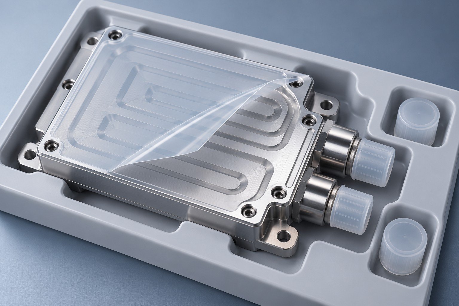 Illustrative protection and handling on a battery cooling plate component concept, not documentary company or customer photography