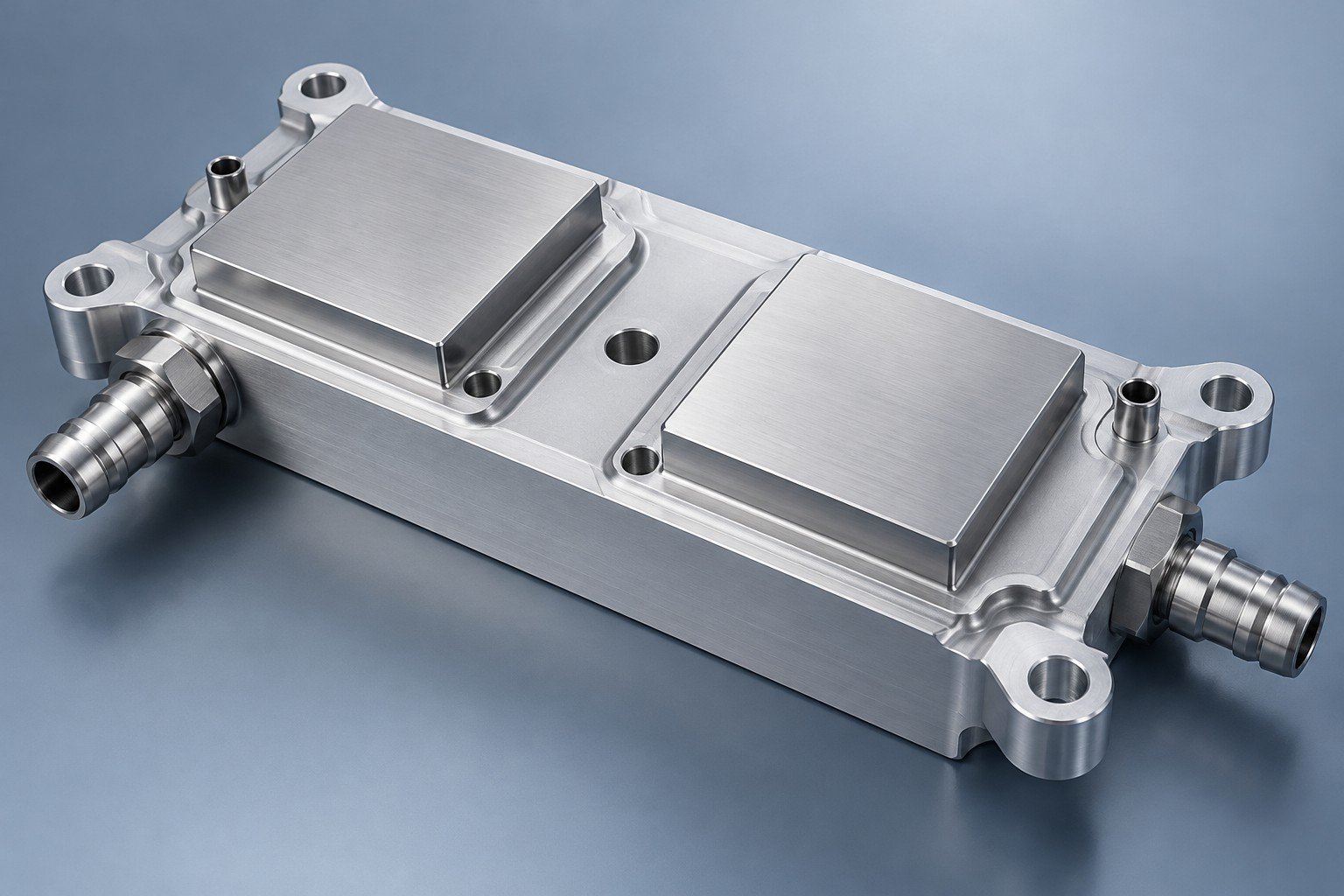 Illustrative page-specific elongated aluminum optical cooling block with two solid contact mesas, mounting ears and side ports; not documentary customer photography or complete optical equipment