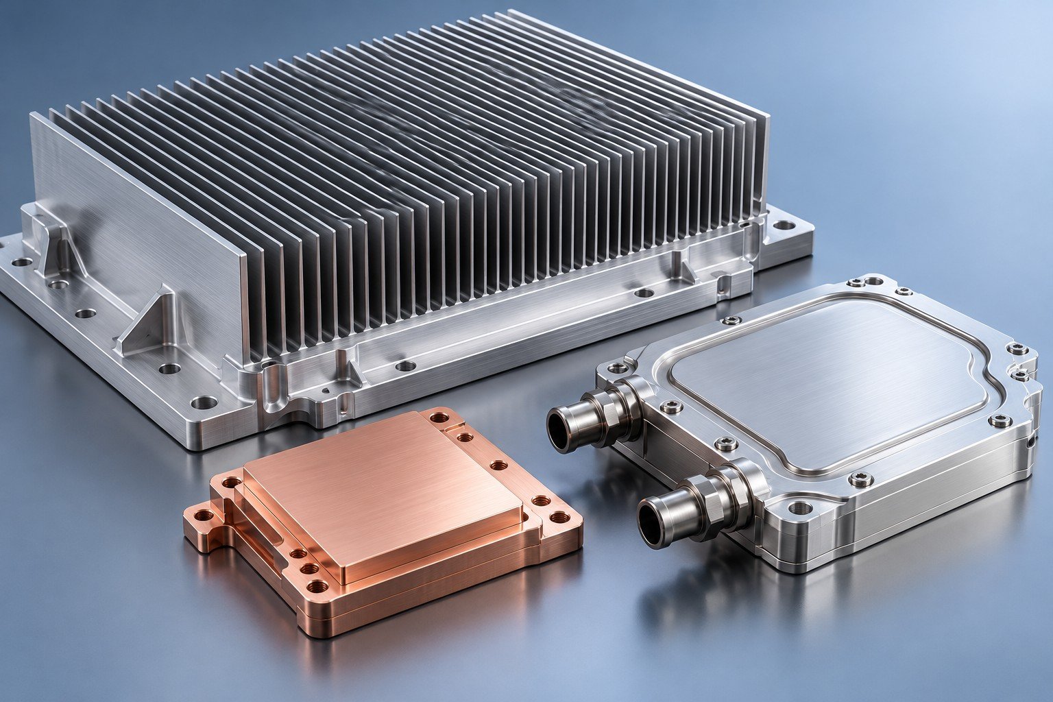 Illustrative separate finned telecom heat sink, copper contact spreader and closed optical cold plate concept; not documentary customer photography