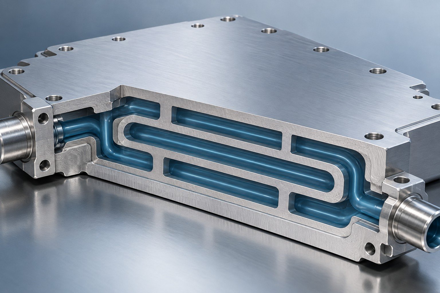 Illustrative sectioned optical telecom cooling plate passage and solid contact skin concept, not documentary company or customer photography