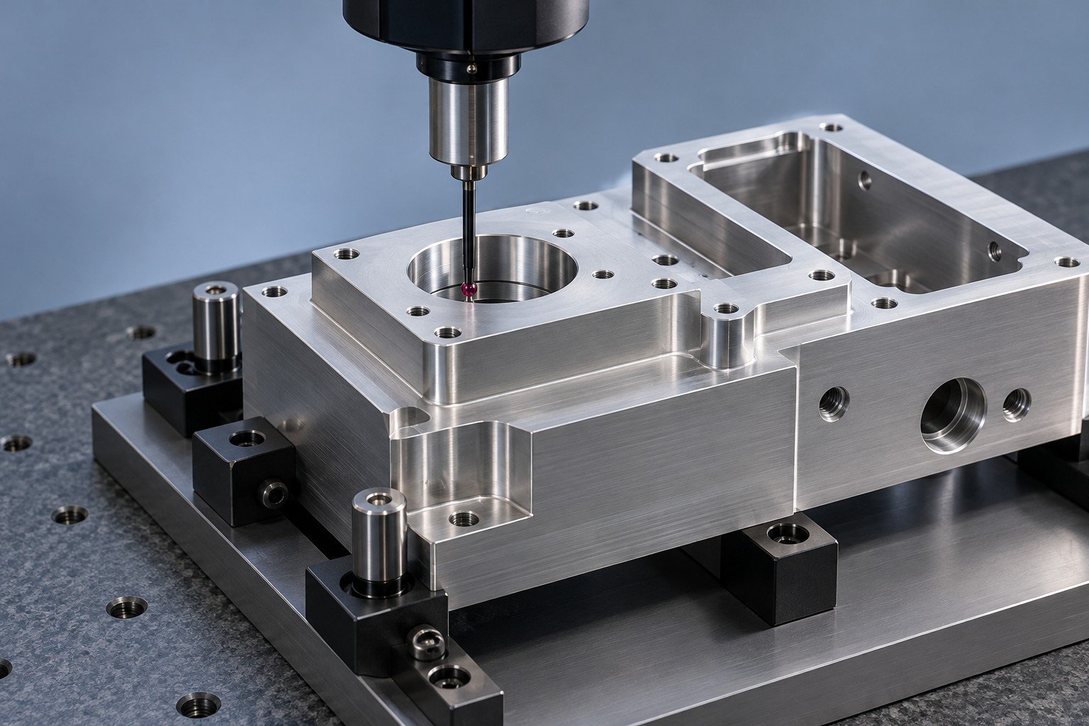 Illustrative dimensional inspection of optical cooling block locating datum concept; not documentary customer photography