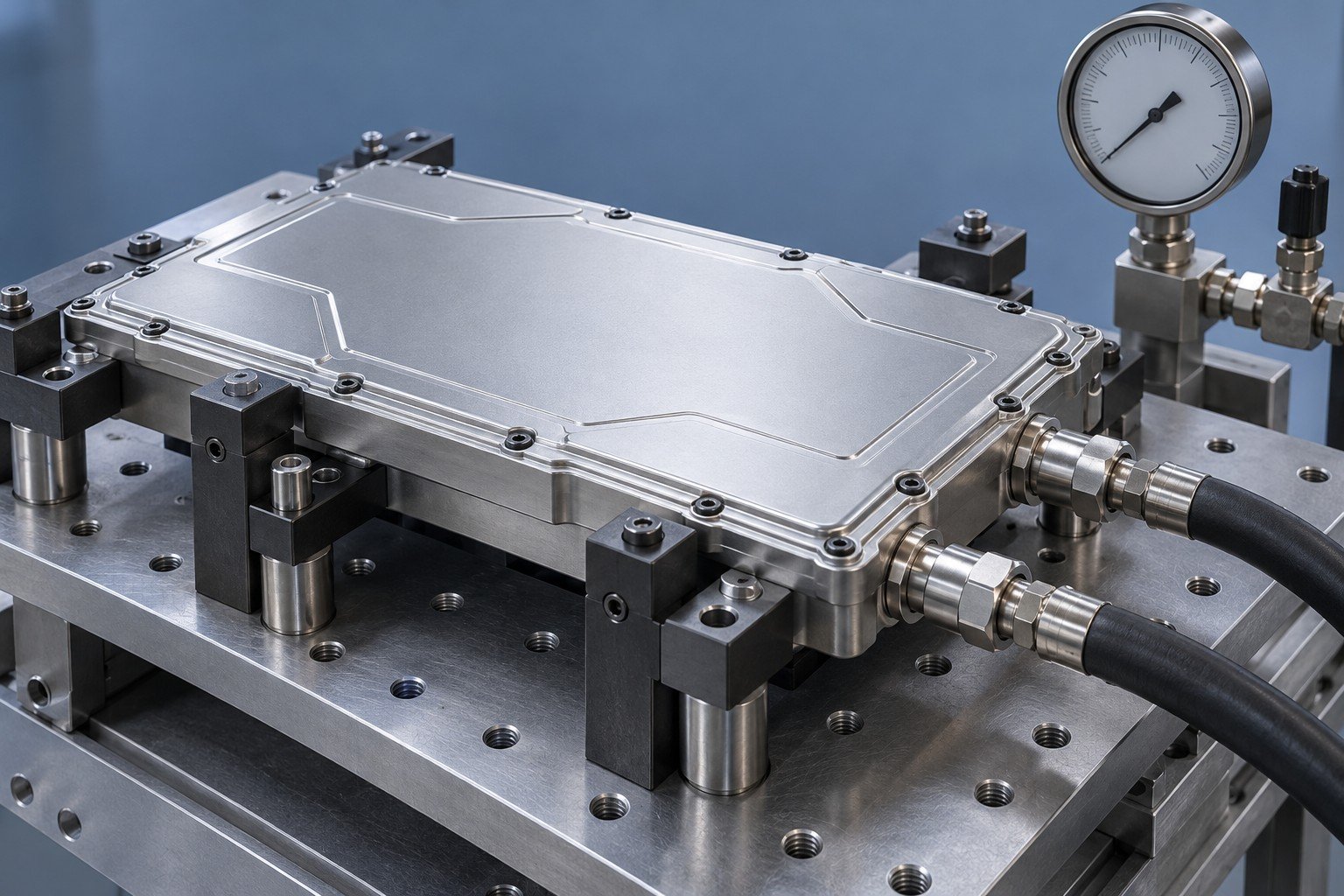 Illustrative fluid integrity review for optical telecom cooling components; not documentary customer photography