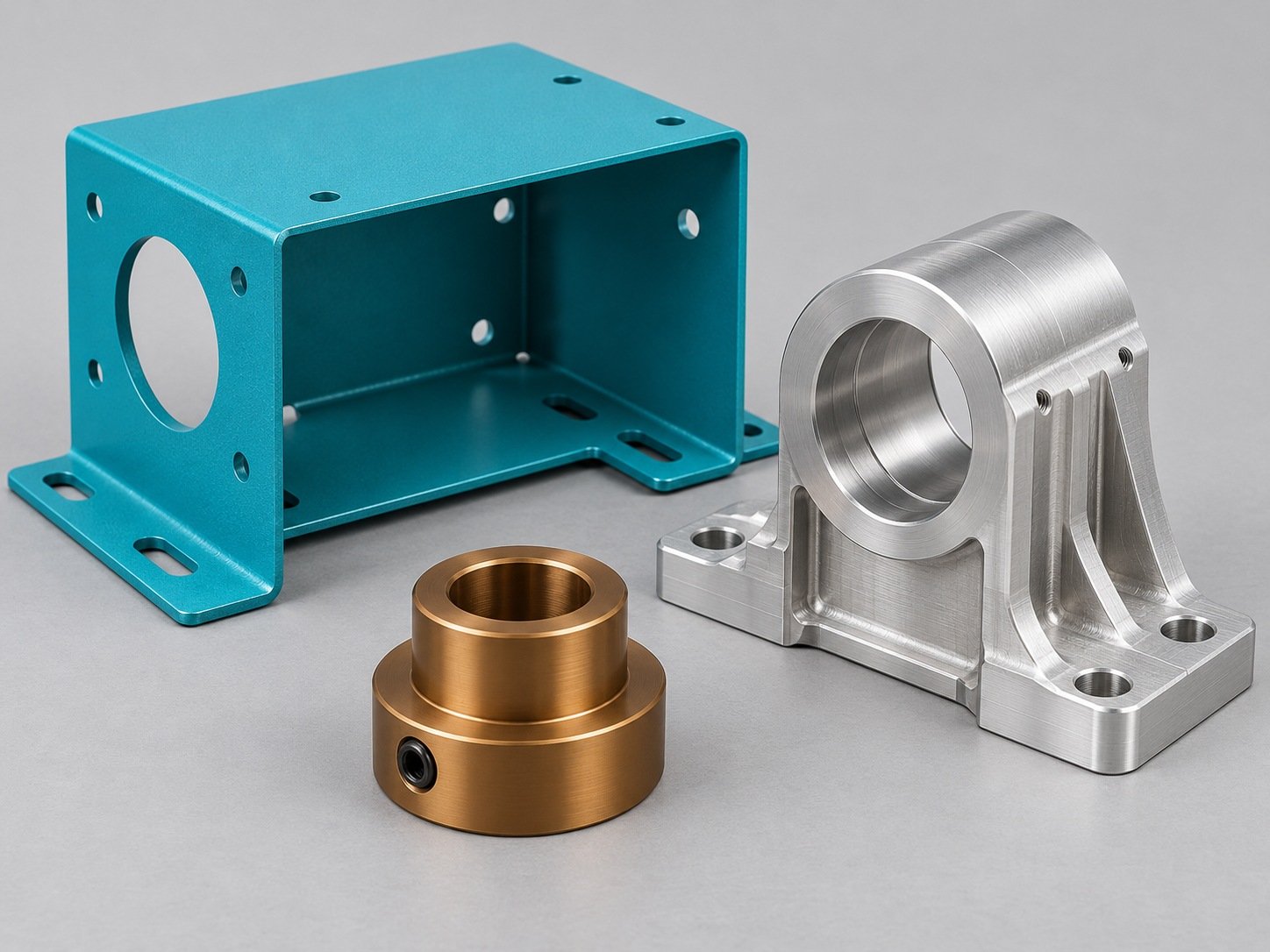 Turquoise formed enclosure, silver machined bearing support and bronze collar — illustrative alloy concepts