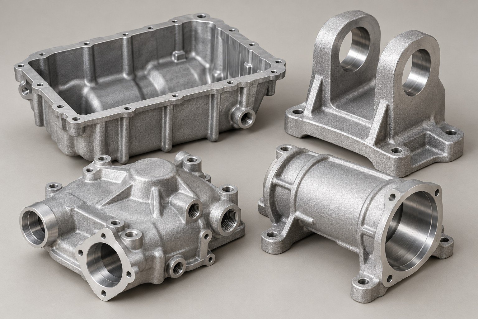 Four distinct cast aluminum sump, clevis, fluid cover and sleeve-carrier concepts — illustrative other aluminum casting alloys component concept