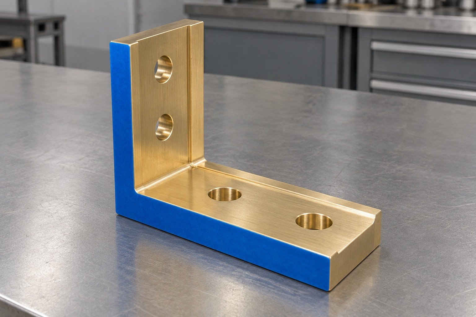 Protected handling faces on a brass angle bracket — illustrative generated component concept