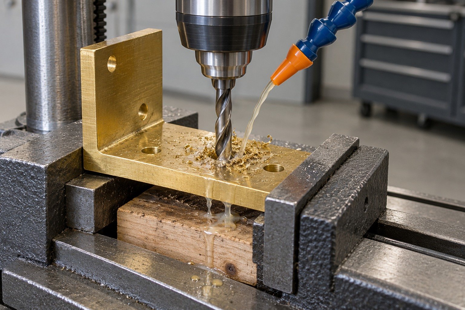 Two-flute drilling of a supported brass angle-bracket foot — illustrative generated component concept