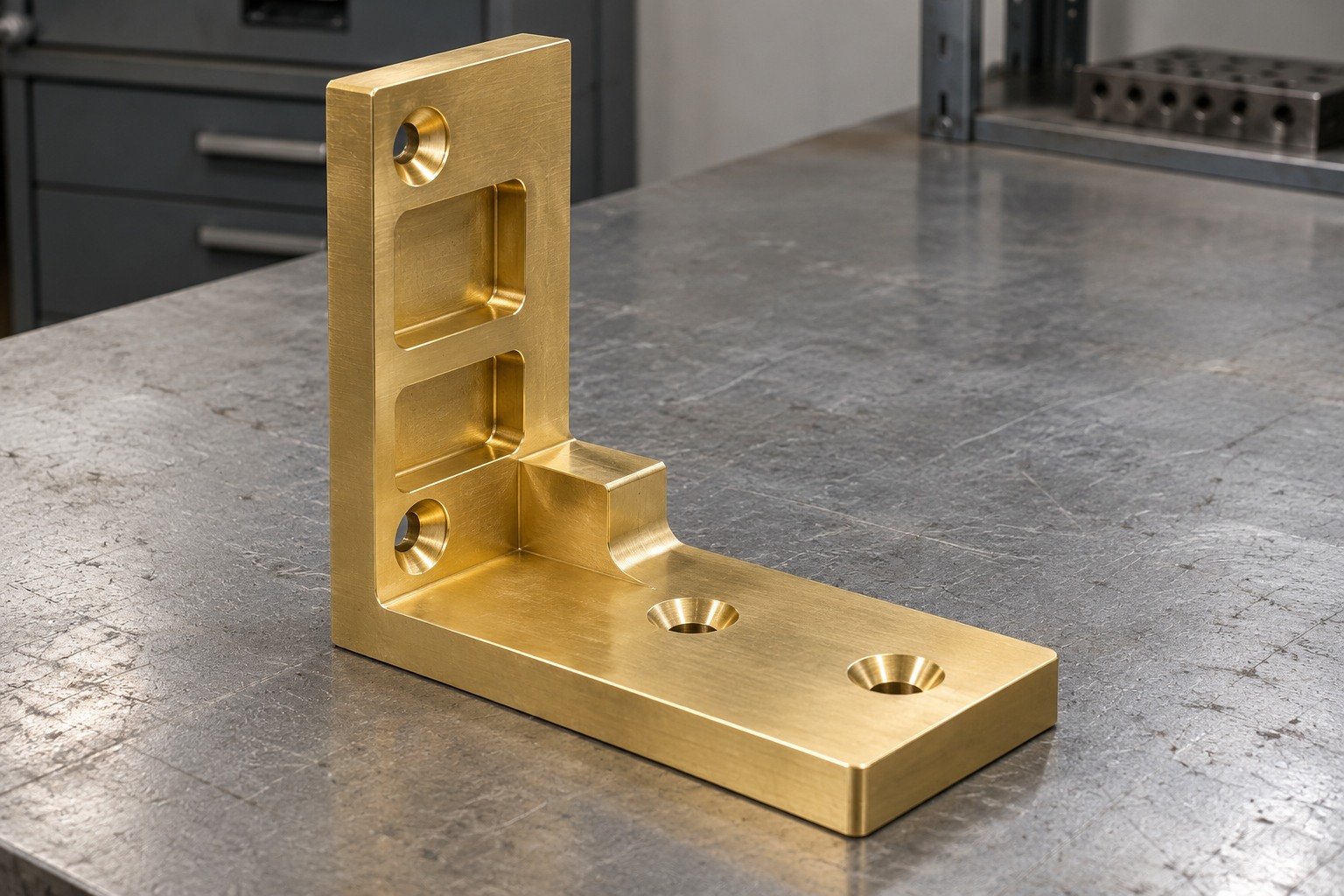 Golden brass thick extruded-style unequal-leg angle bracket with two rectangular relief pockets, a stepped locating shoulder and countersunk mounting holes — illustrative generated component concept
