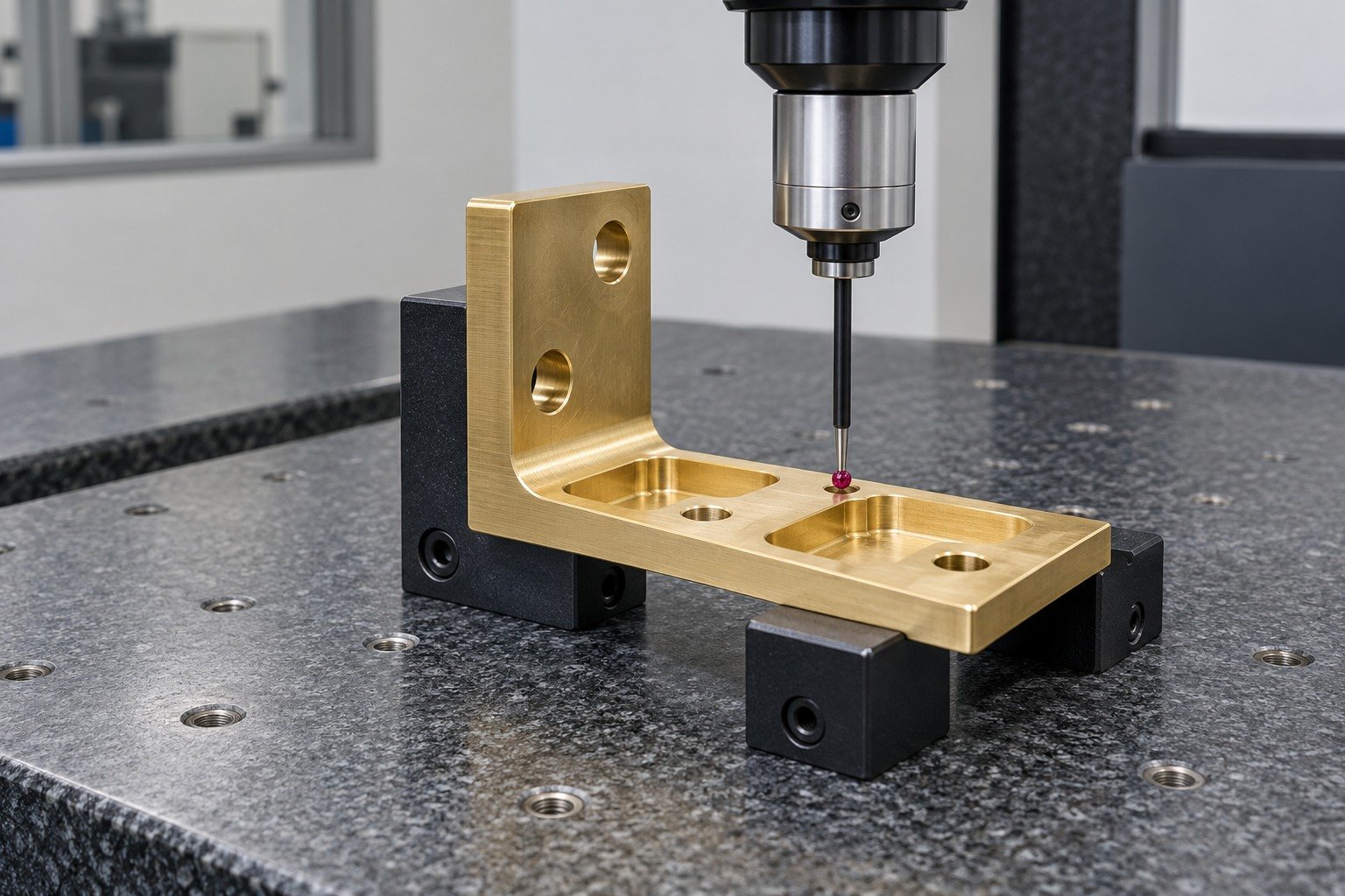 First-sample dimensional check of a brass bracket — illustrative generated component concept