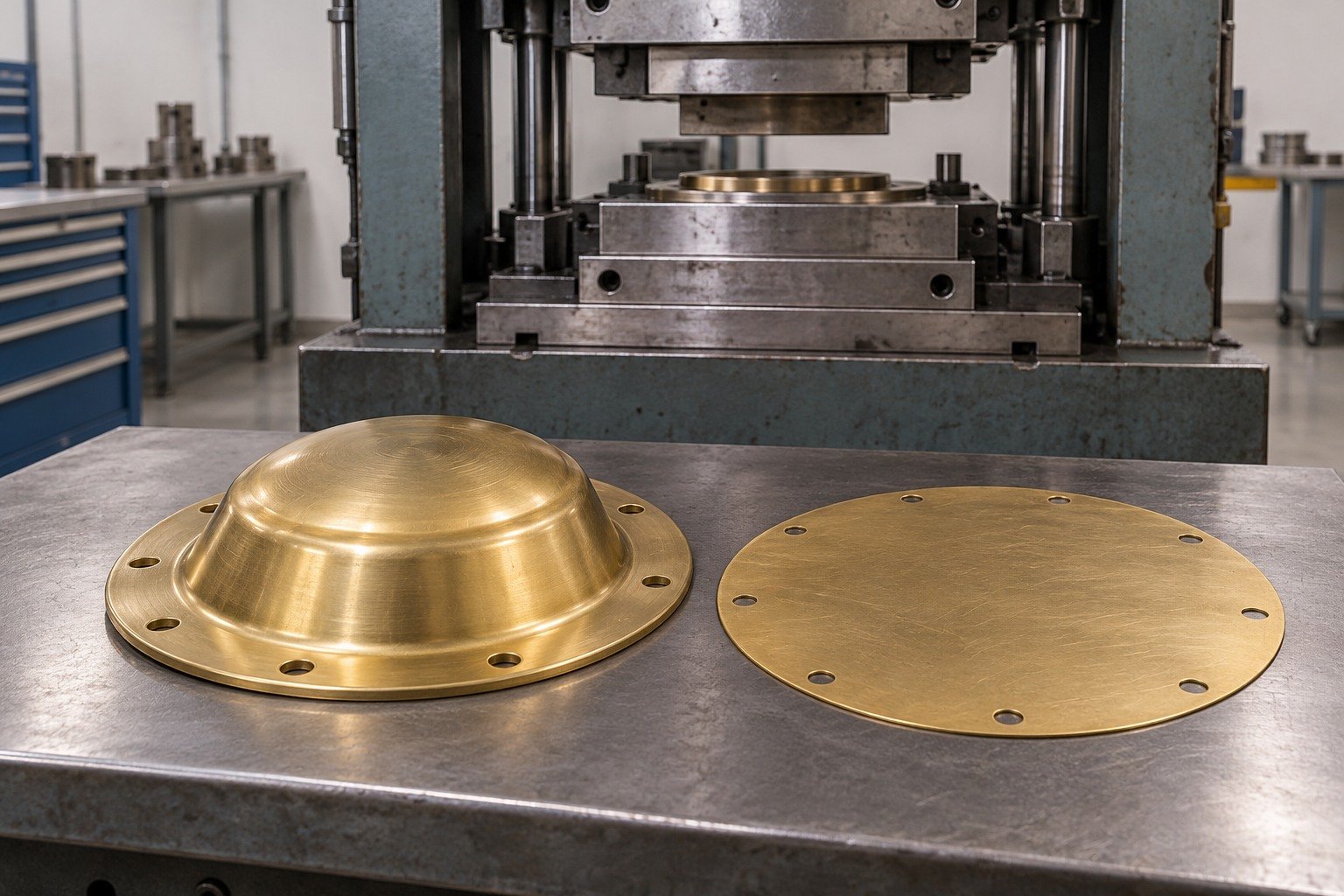 Formed brass cover and flat blank near closed processing equipment — illustrative generated component concept