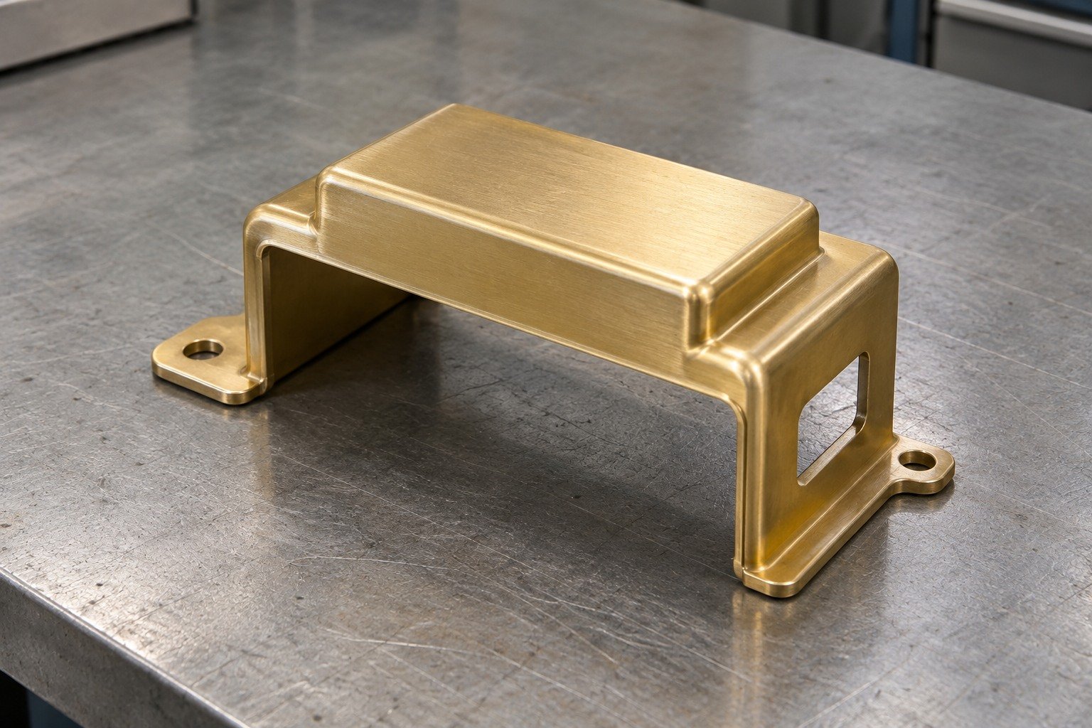 Brass instrument cover with stepped top, connector opening and mounting ears — illustrative generated component concept