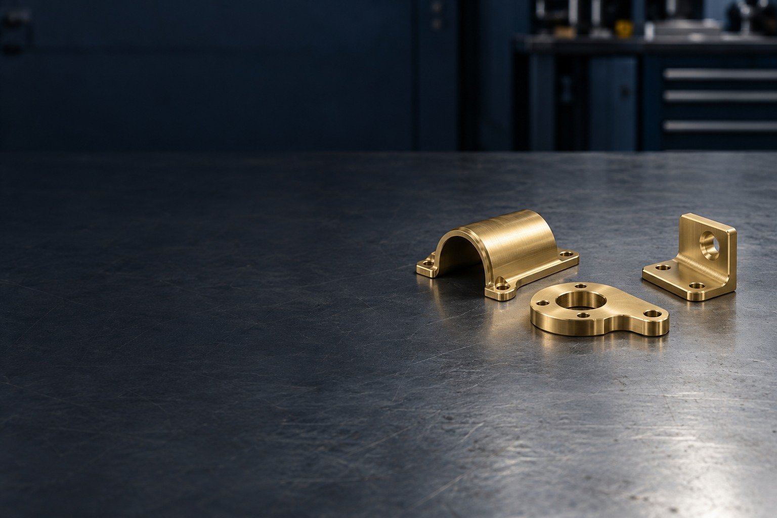 Brass shield, mounting-plate and angle-bracket selection concepts — illustrative generated component concept