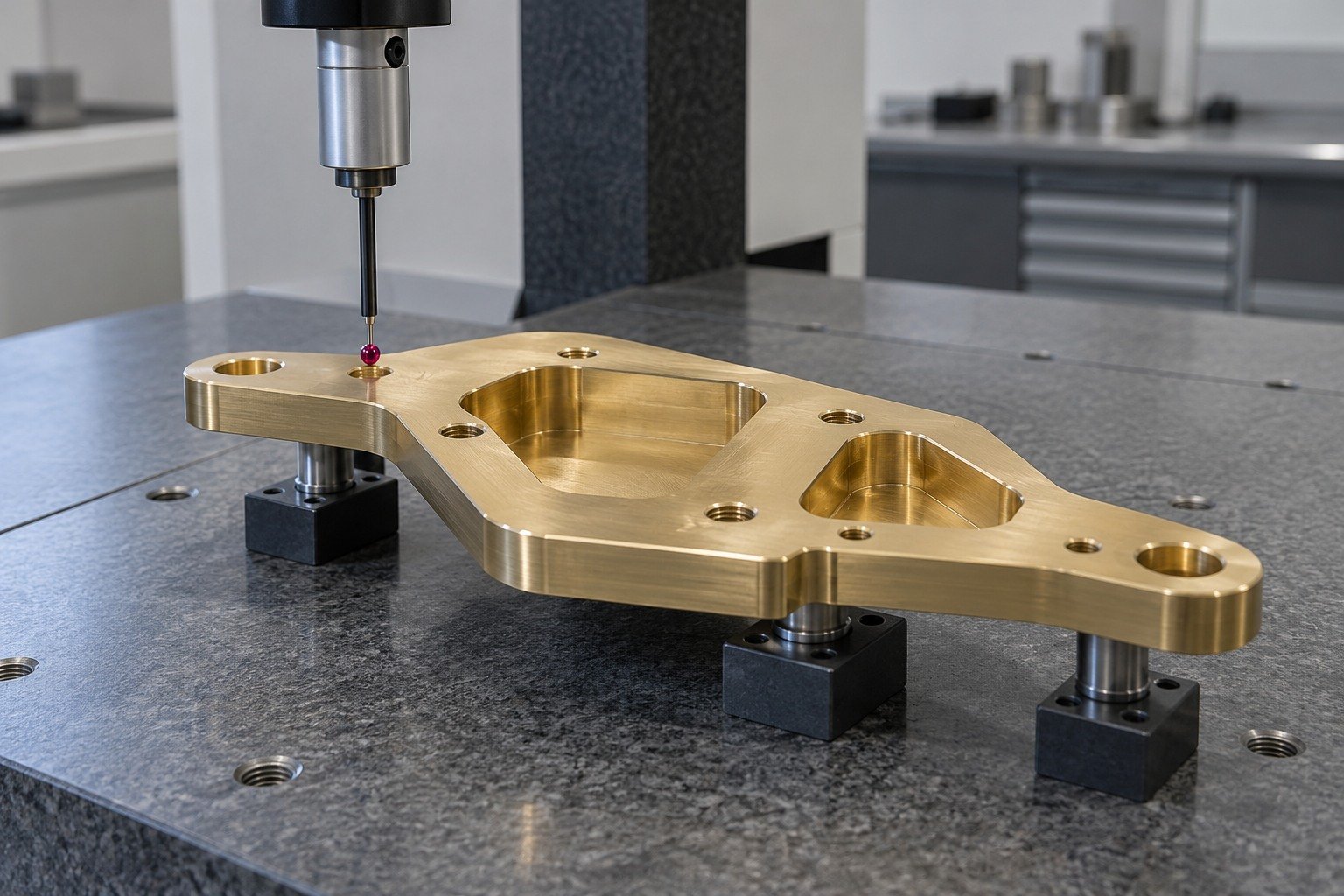 Brass mounting-plate final dimensional check — illustrative generated component concept