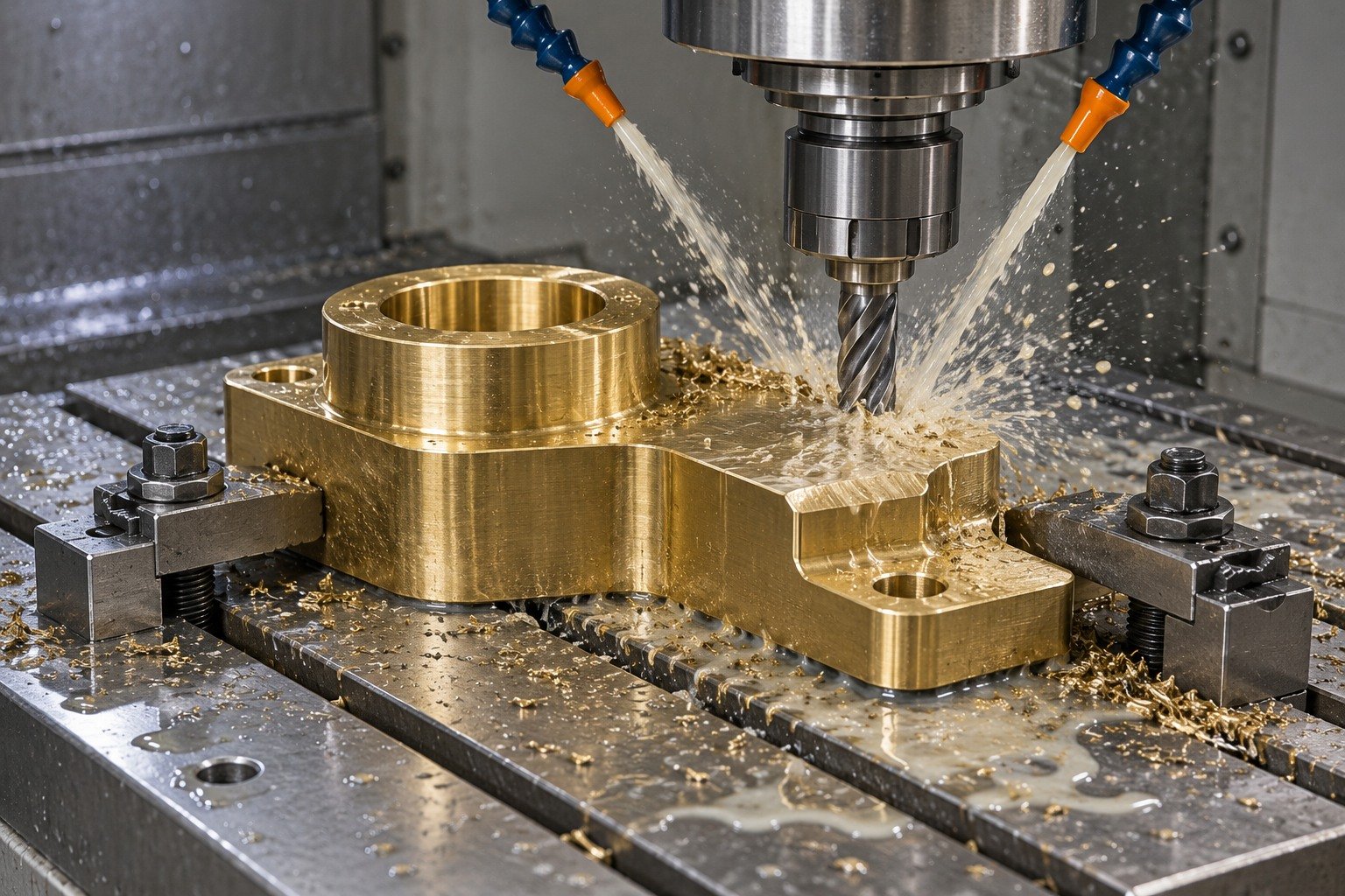 Supported milling of a brass mounting plate — illustrative generated component concept