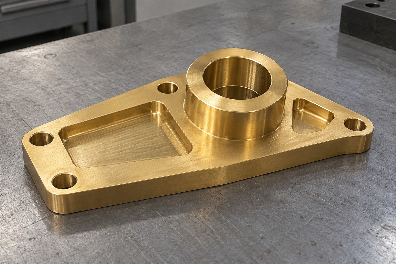 Warm yellow brass thick asymmetric mounting plate with a raised offset circular boss, two unequal pockets and four mounting holes — illustrative generated component concept