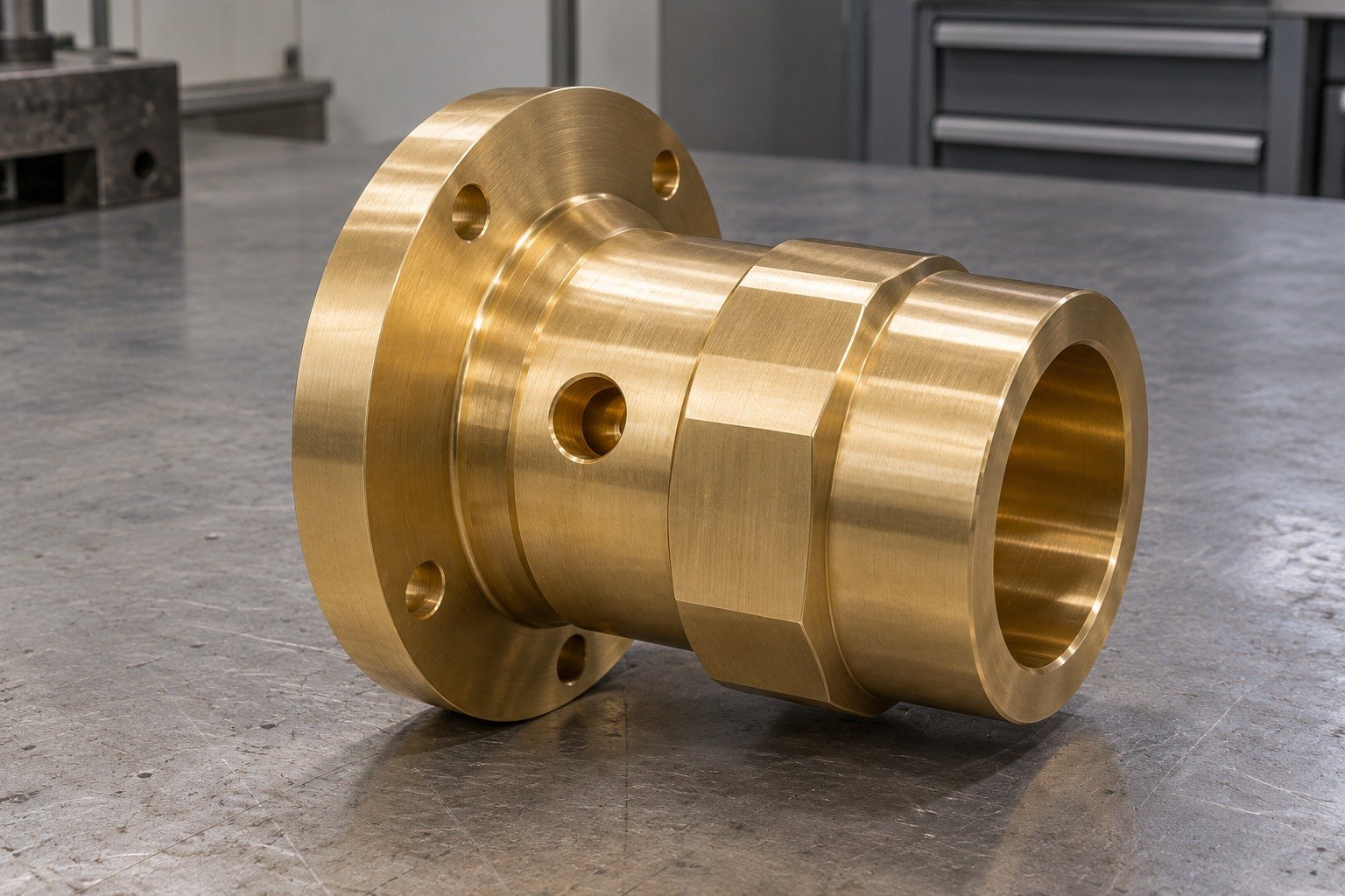 Warm golden naval-brass short thick stepped shaft sleeve with a flanged mounting shoulder, eccentric oil-access hole and broad external wrench flats — illustrative generated component concept